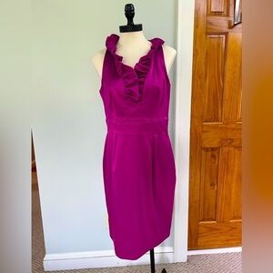 DressBarn Collection Ruffle Neck Dress Fuchsia Magenta Size 10 Satin Sleeveless